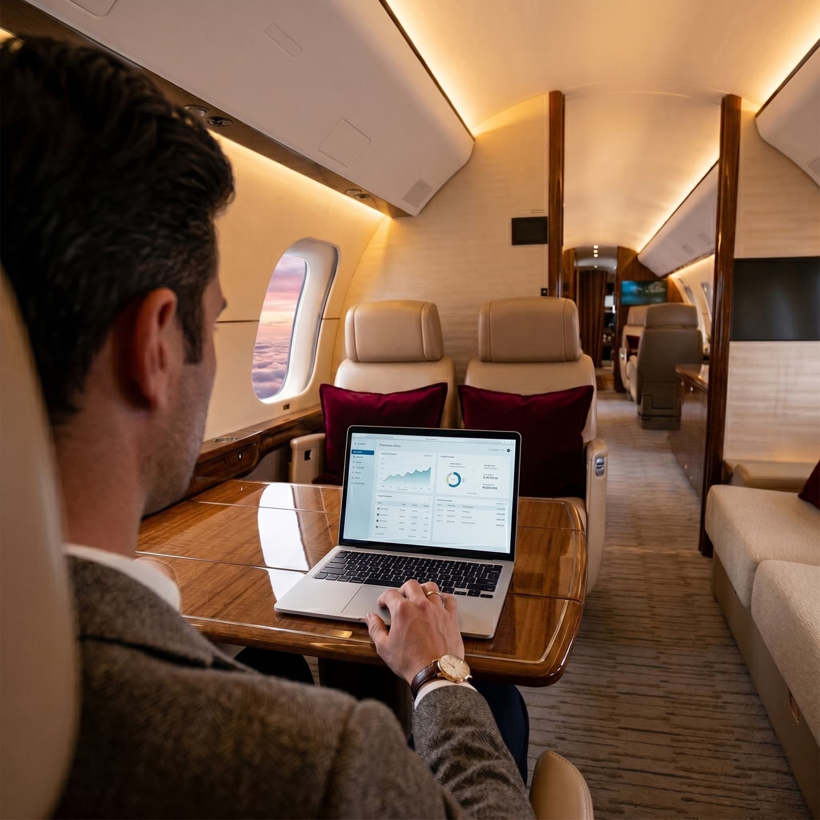 Passenger working on a laptop with onboard Wi-Fi